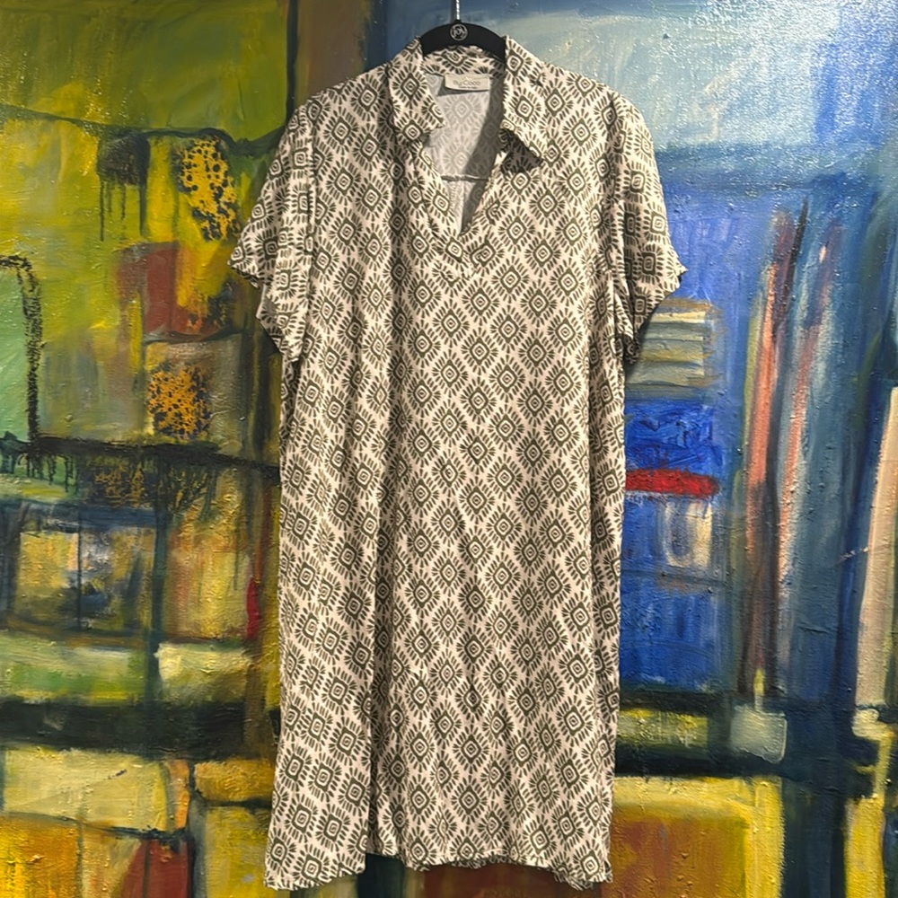 By Coco Made in Italy Women's large green & ivory Short Sleeve Midi shirt Dress